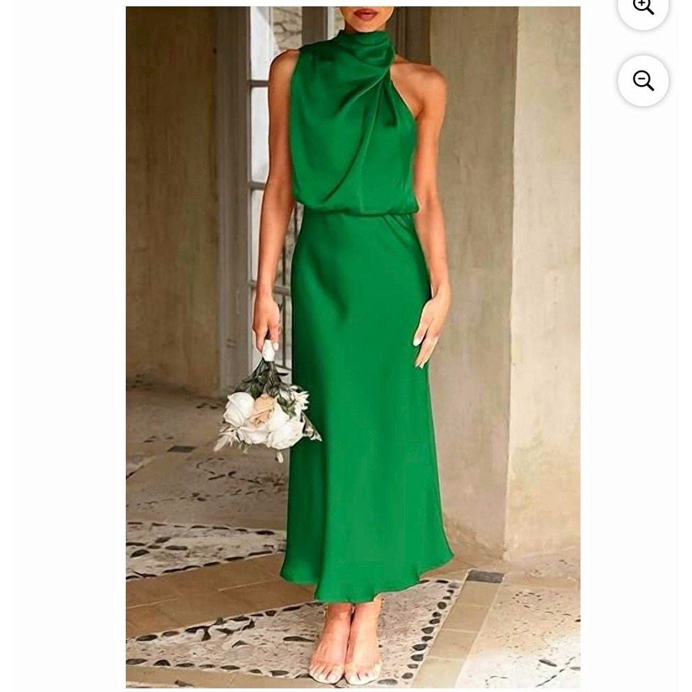 PRETTY GARDEN Green Satin High Neck Sleeveless Midi Dress Button Draped M